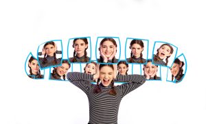 Emotion and mood swing, young Caucasian teenage girl. Different facial expressions around her head collage in carousel, isolated on white background