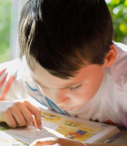 A young boy concentrating on reading a book