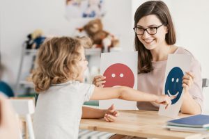 Emotion emoticons used by a psychologist during a testing session with a child with an autism spectrum disorder.